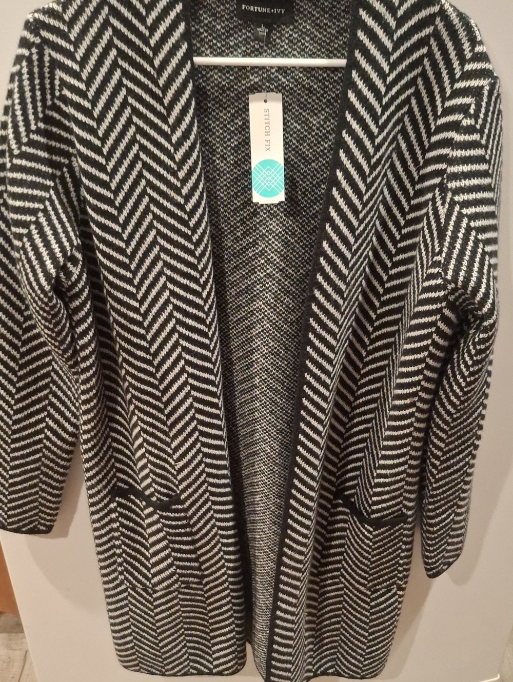 Fortune + Ivy Black & White Chevron Open-Front Cardigan